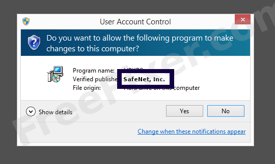 Screenshot where SafeNet, Inc. appears as the verified publisher in the UAC dialog
